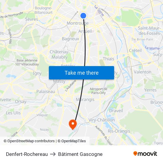 Denfert-Rochereau to Bâtiment Gascogne map