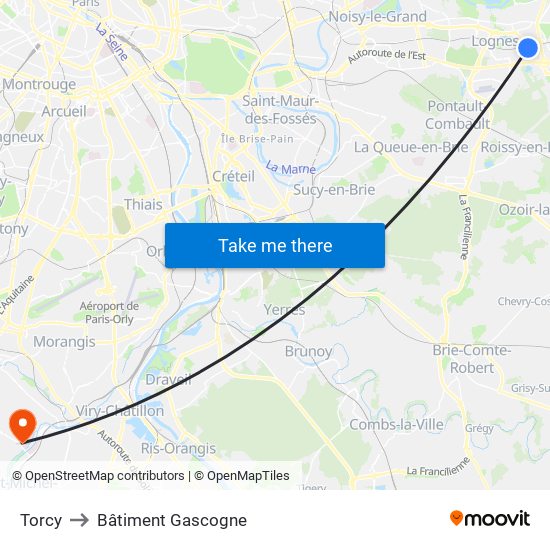 Torcy to Bâtiment Gascogne map