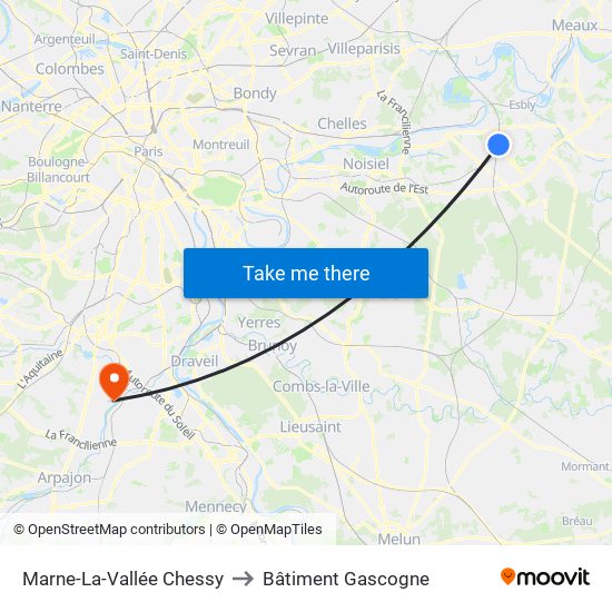 Marne-La-Vallée Chessy to Bâtiment Gascogne map