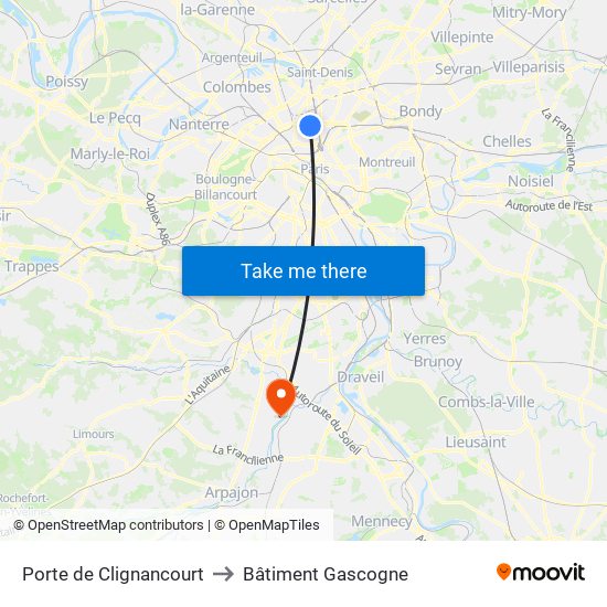 Porte de Clignancourt to Bâtiment Gascogne map