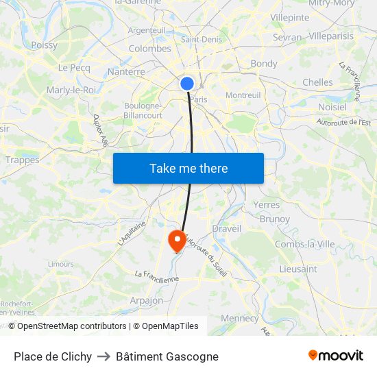 Place de Clichy to Bâtiment Gascogne map