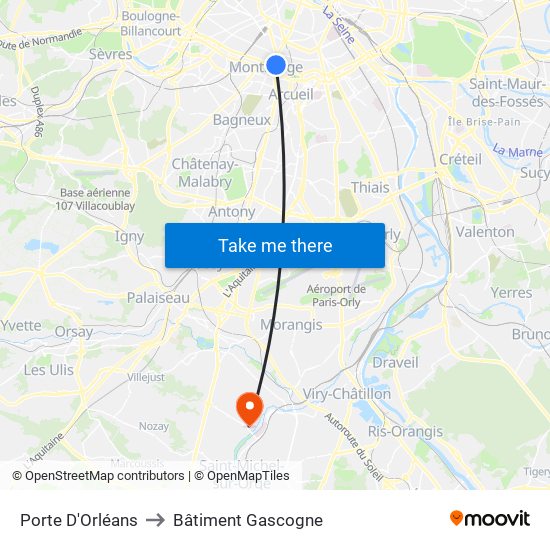 Porte D'Orléans to Bâtiment Gascogne map