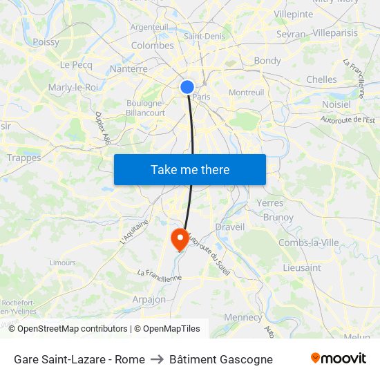 Gare Saint-Lazare - Rome to Bâtiment Gascogne map