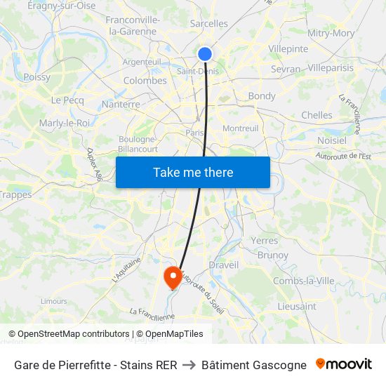 Gare de Pierrefitte - Stains RER to Bâtiment Gascogne map