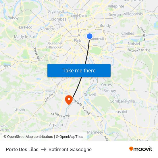 Porte Des Lilas to Bâtiment Gascogne map