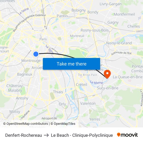 Denfert-Rochereau to Le Beach - Clinique-Polyclinique map