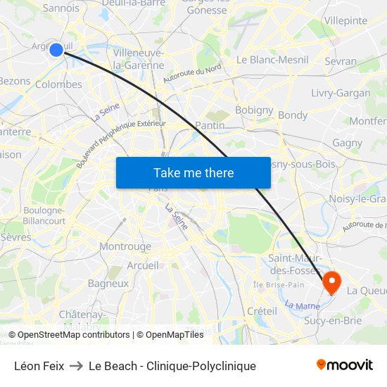 Léon Feix to Le Beach - Clinique-Polyclinique map