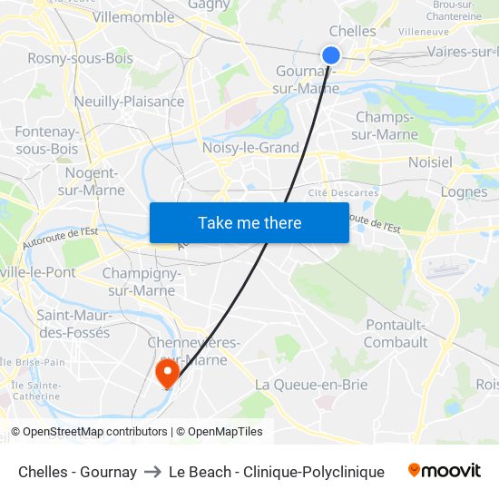 Chelles - Gournay to Le Beach - Clinique-Polyclinique map