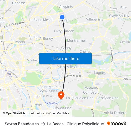 Sevran Beaudottes to Le Beach - Clinique-Polyclinique map