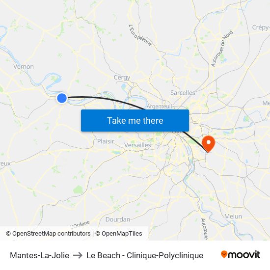 Mantes-La-Jolie to Le Beach - Clinique-Polyclinique map