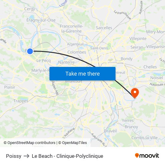 Poissy to Le Beach - Clinique-Polyclinique map