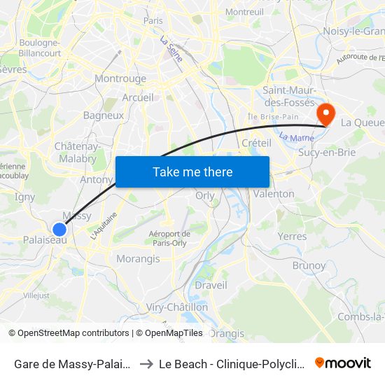 Gare de Massy-Palaiseau to Le Beach - Clinique-Polyclinique map