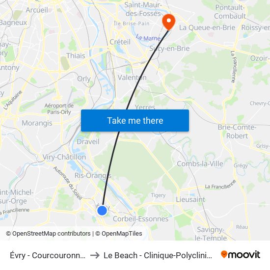 Évry - Courcouronnes to Le Beach - Clinique-Polyclinique map