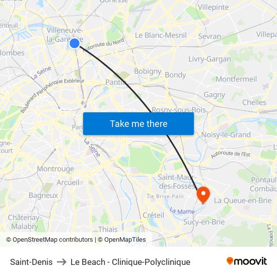 Saint-Denis to Le Beach - Clinique-Polyclinique map