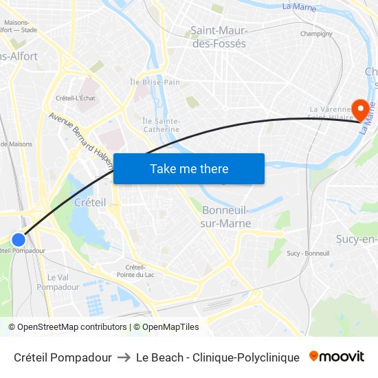Créteil Pompadour to Le Beach - Clinique-Polyclinique map