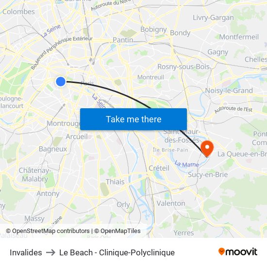 Invalides to Le Beach - Clinique-Polyclinique map