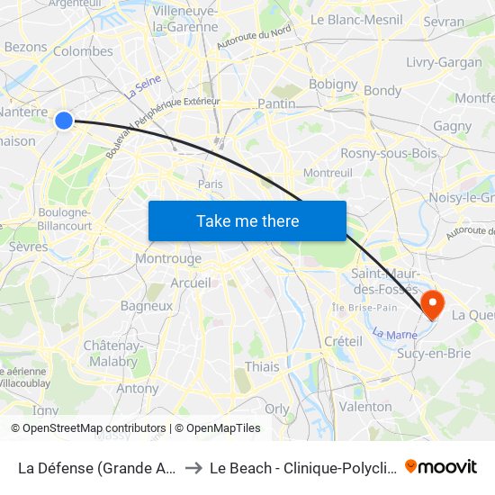 La Défense (Grande Arche) to Le Beach - Clinique-Polyclinique map