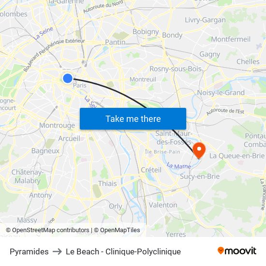 Pyramides to Le Beach - Clinique-Polyclinique map