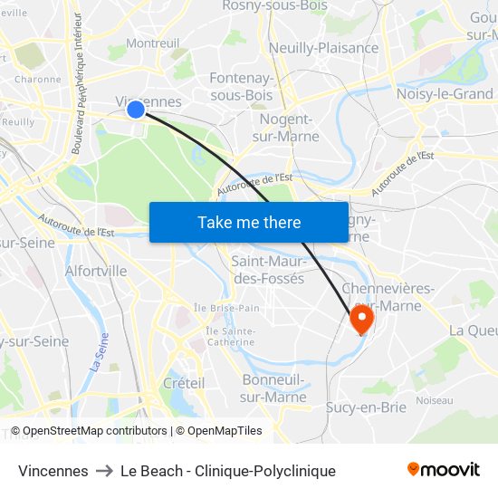 Vincennes to Le Beach - Clinique-Polyclinique map