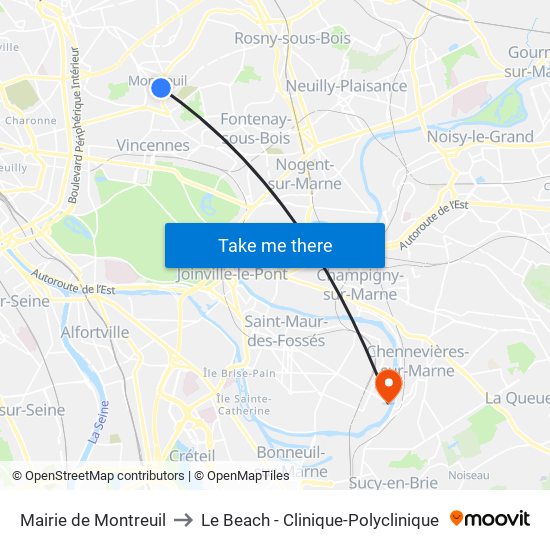Mairie de Montreuil to Le Beach - Clinique-Polyclinique map
