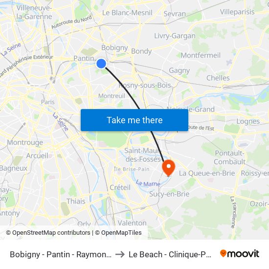 Bobigny - Pantin - Raymond Queneau to Le Beach - Clinique-Polyclinique map