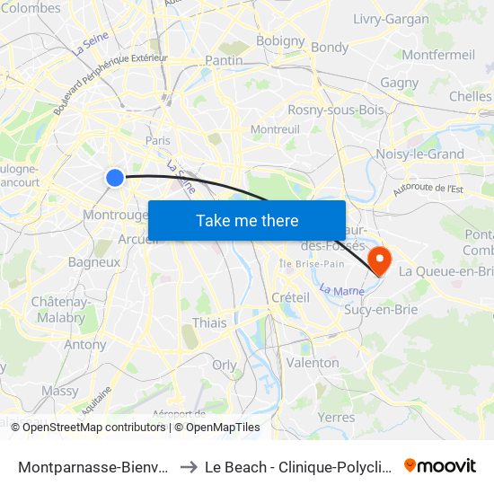 Montparnasse-Bienvenue to Le Beach - Clinique-Polyclinique map