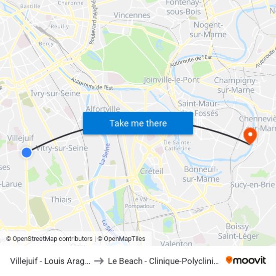 Villejuif - Louis Aragon to Le Beach - Clinique-Polyclinique map