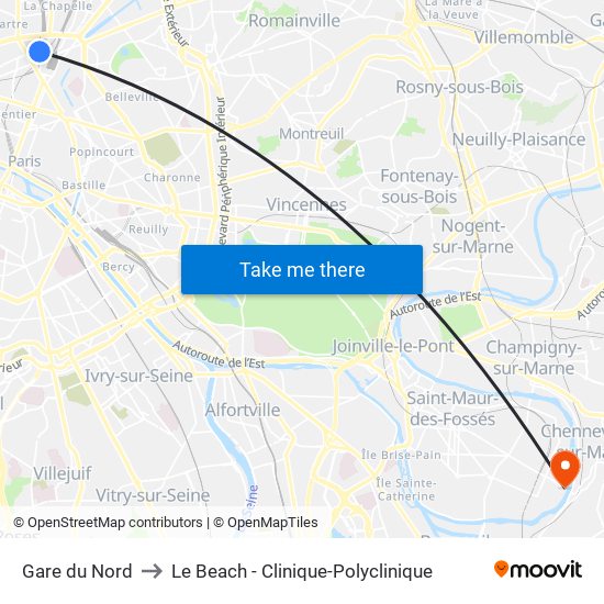 Gare du Nord to Le Beach - Clinique-Polyclinique map