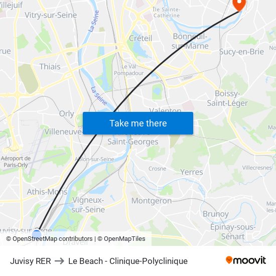 Juvisy RER to Le Beach - Clinique-Polyclinique map