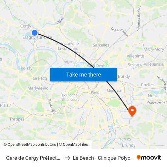 Gare de Cergy Préfecture (C) to Le Beach - Clinique-Polyclinique map