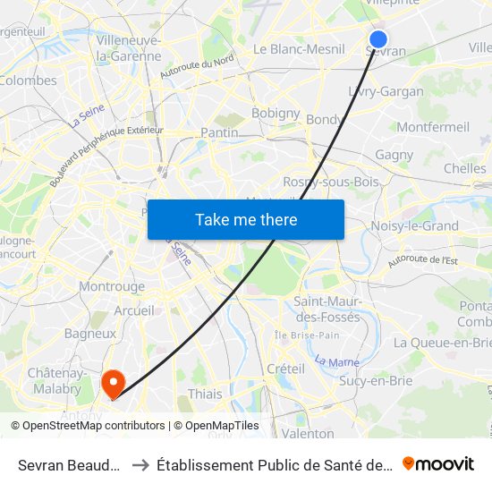 Sevran Beaudottes to Établissement Public de Santé de Fresnes map