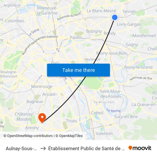 Aulnay-Sous-Bois to Établissement Public de Santé de Fresnes map