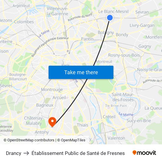 Drancy to Établissement Public de Santé de Fresnes map