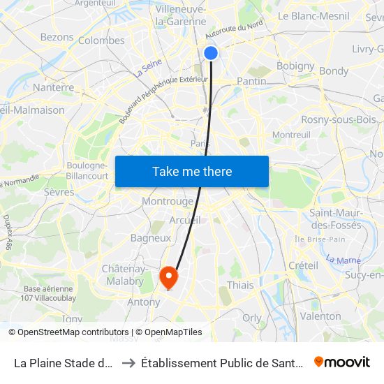 La Plaine Stade de France to Établissement Public de Santé de Fresnes map