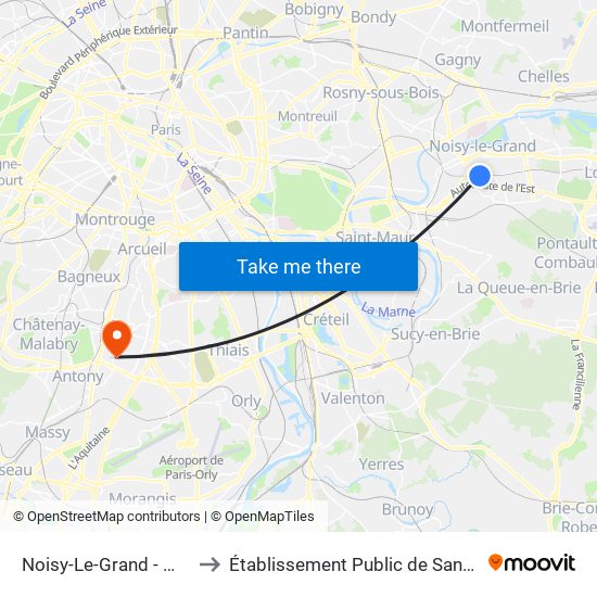 Noisy-Le-Grand - Mont D'Est to Établissement Public de Santé de Fresnes map