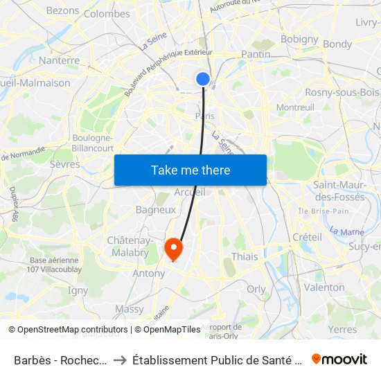 Barbès - Rochechouart to Établissement Public de Santé de Fresnes map