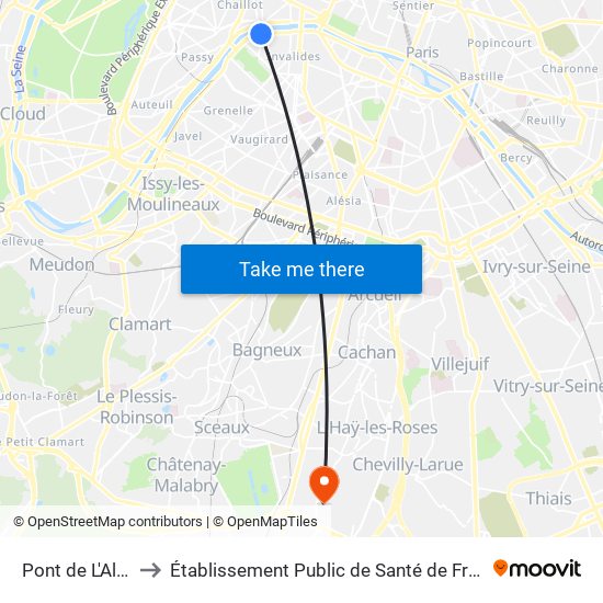 Pont de L'Alma to Établissement Public de Santé de Fresnes map