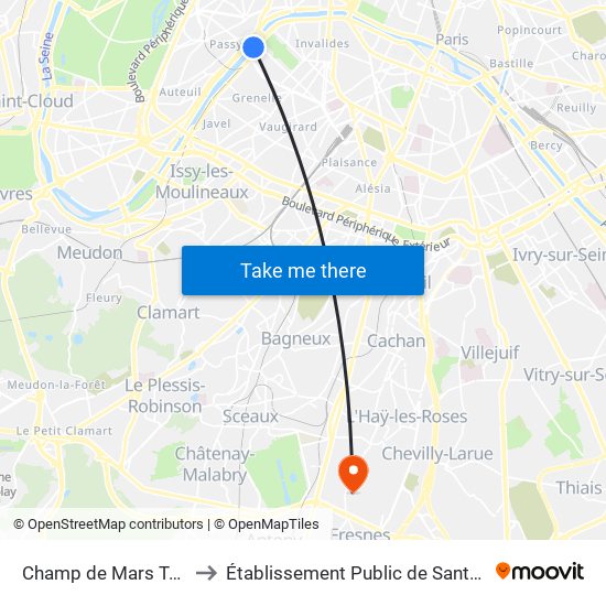 Champ de Mars Tour Eiffel to Établissement Public de Santé de Fresnes map