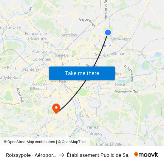 Roissypole - Aéroport Cdg1 (D3) to Établissement Public de Santé de Fresnes map