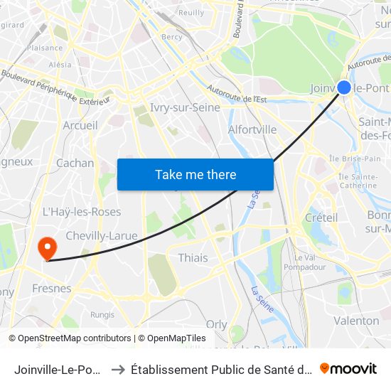 Joinville-Le-Pont RER to Établissement Public de Santé de Fresnes map