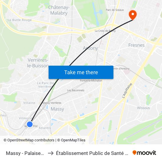 Massy - Palaiseau RER to Établissement Public de Santé de Fresnes map