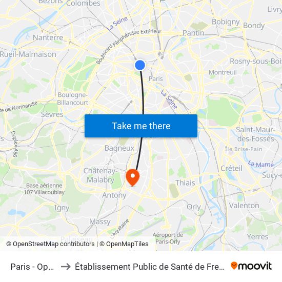 Paris - Opéra to Établissement Public de Santé de Fresnes map
