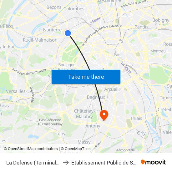 La Défense (Terminal Jules Verne) to Établissement Public de Santé de Fresnes map
