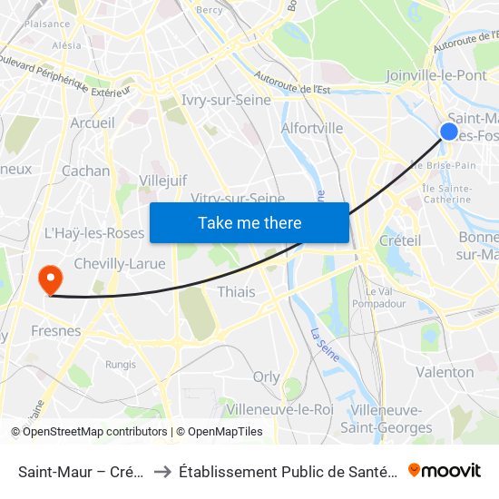 Saint-Maur – Créteil RER to Établissement Public de Santé de Fresnes map