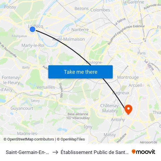 Saint-Germain-En-Laye RER to Établissement Public de Santé de Fresnes map