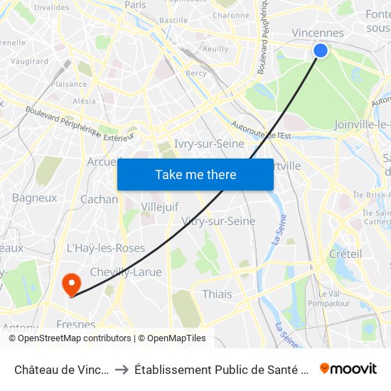 Château de Vincennes to Établissement Public de Santé de Fresnes map