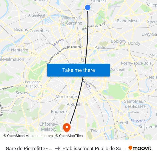 Gare de Pierrefitte - Stains RER to Établissement Public de Santé de Fresnes map