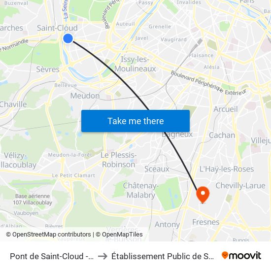 Pont de Saint-Cloud - Albert Kahn to Établissement Public de Santé de Fresnes map