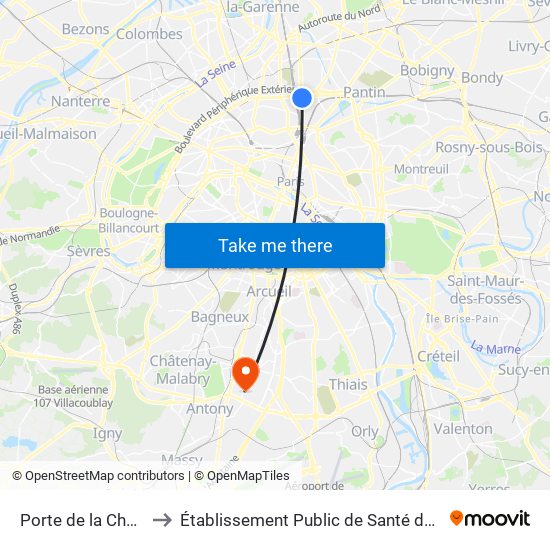 Porte de la Chapelle to Établissement Public de Santé de Fresnes map