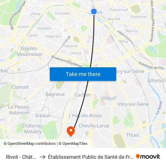 Rivoli - Châtelet to Établissement Public de Santé de Fresnes map